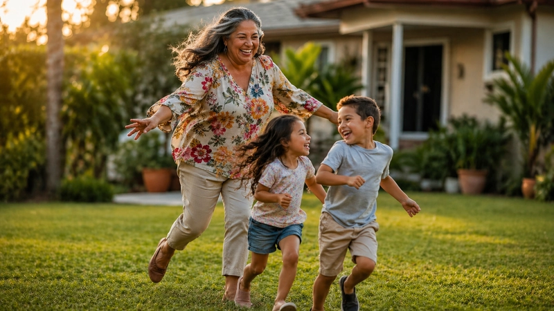Abuela latina feliz jugando en el parque con sus nietos